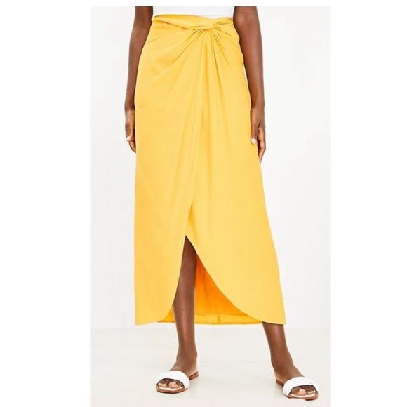 LOFT Dresses & Skirts - Ann Taylor LOFT Woven Twist Front Slit Midi Skirt Boho Golden Yellow 12